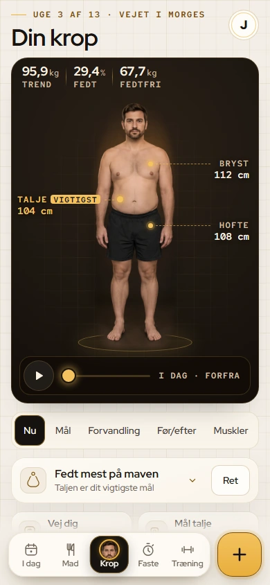 Fitvio-skærmen Din krop: en fotorealistisk avatar med målinger for bryst, talje og hofte, og faner for Nu, Mål, Forvandling, Før/efter og Muskler.