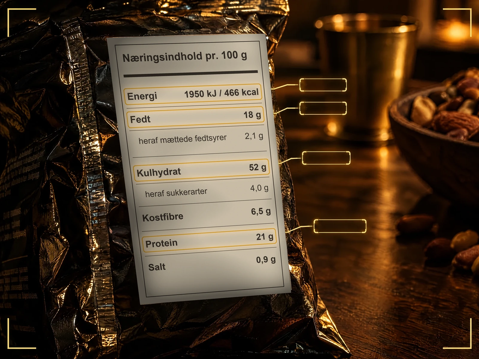 Dansk næringsdeklaration, hvor energi, fedt, kulhydrat og protein er markeret i guld.
