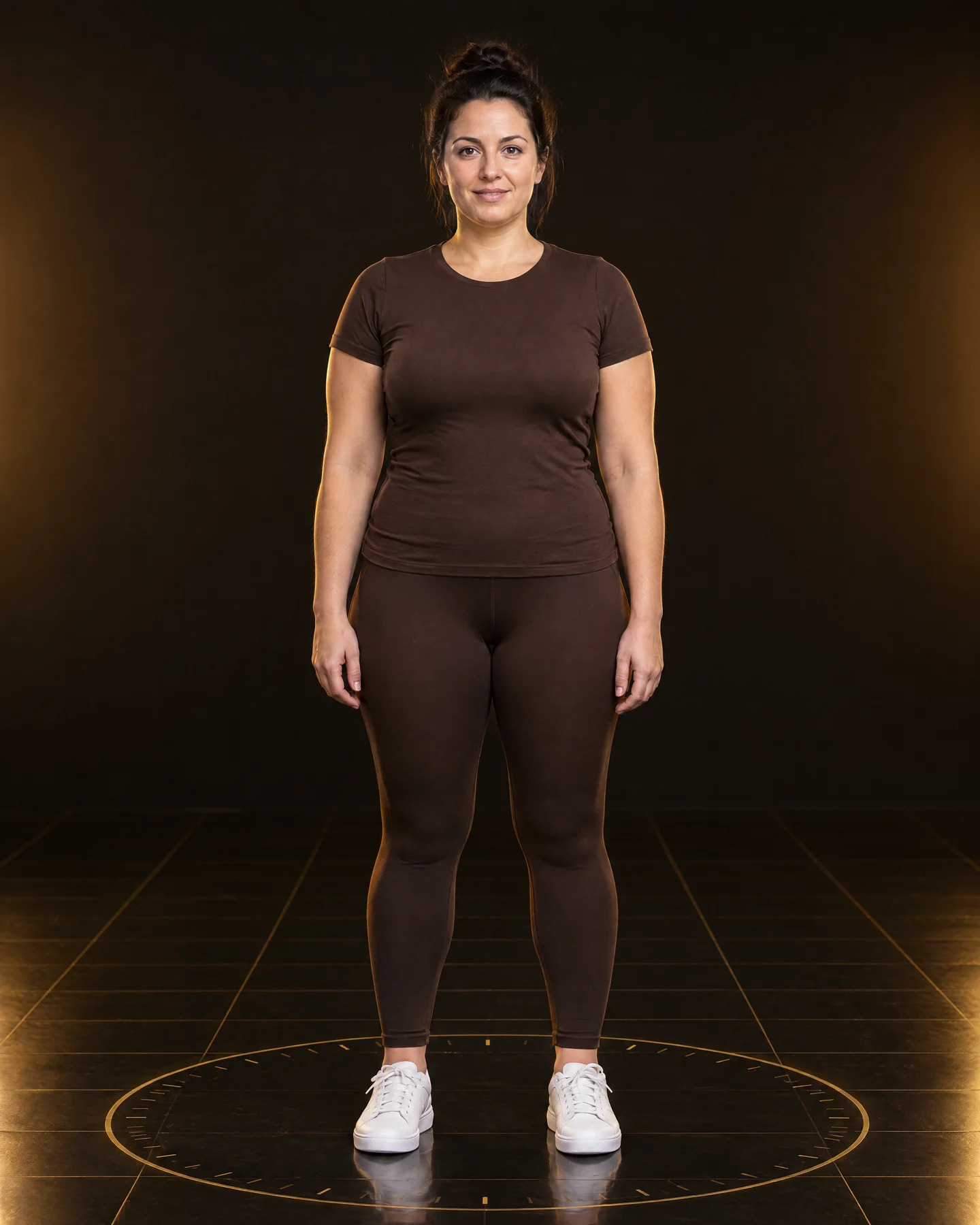 Kvinde i dag, med en blødere og fyldigere krop, i brun trøje og leggings på en gylden måleskive.
